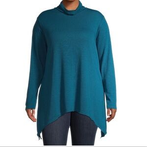 Slub Sharkbite Tunic Length Cowlneck Knit Top